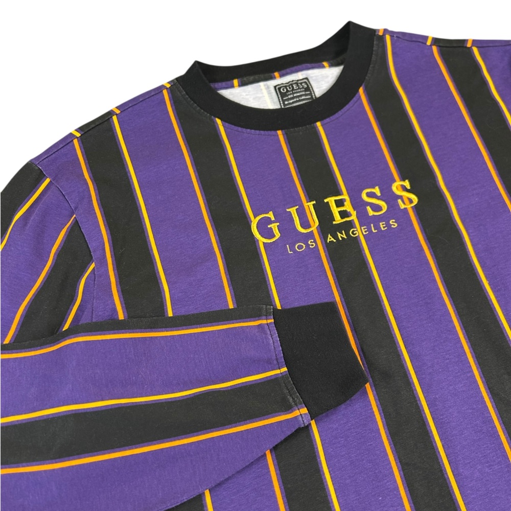 VTG Y2K GUESS Los Angeles Striped Logo Long Sleeve‎ Tee Purple Gold Mens M